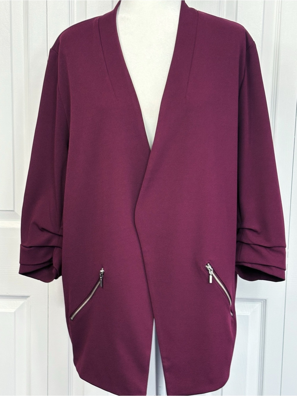 Maurices Burgundy Purple Open Front Ruched 3/4 Sleeve Blazer Jacket 2X